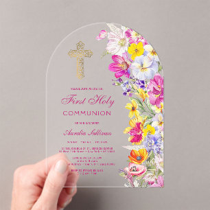 Bright Wildflowers Arch First Communion Acrylic Invitations