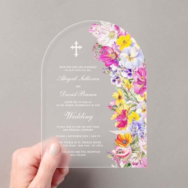 Bright Wildflowers Arch Wedding Acrylic Invitations (Insitu (Handheld))