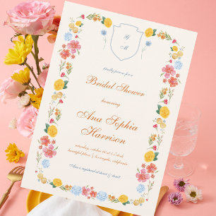 Bright Wildflowers Crest Monogram Bridal Shower Invitation