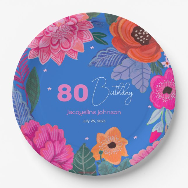 Bright Wildflowers Pink Blue Birthday party Paper Plate (Front)
