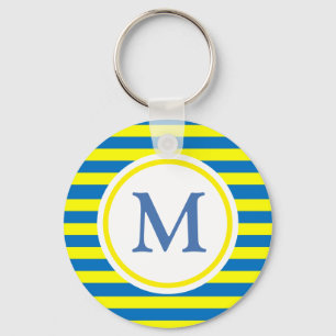 Bright Yellow and Blue Stripes Monogram Key Ring