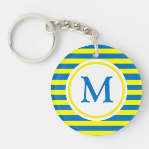 Bright Yellow and Blue Stripes Monogram Key Ring