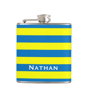 Bright Yellow and Blue Stripes Personalised Hip Flask