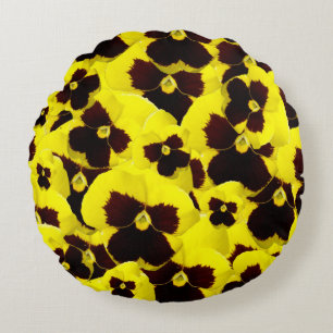 Bright Yellow And Brown Pansies, Round Cushion