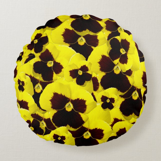 Bright Yellow And Brown Pansies, Round Cushion (Front)