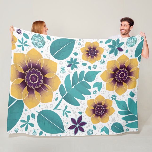Bright Yellow and Teal Floral on White Background Fleece Blanket (In Situ)
