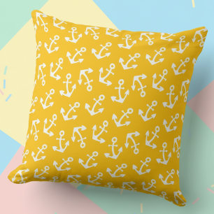 Bright Yellow and White Anchors Nautical Cotton Cushion