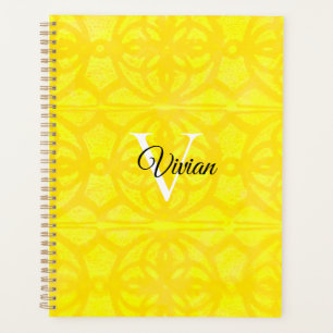 Bright Yellow Batik Elegant Monogram Name Planner