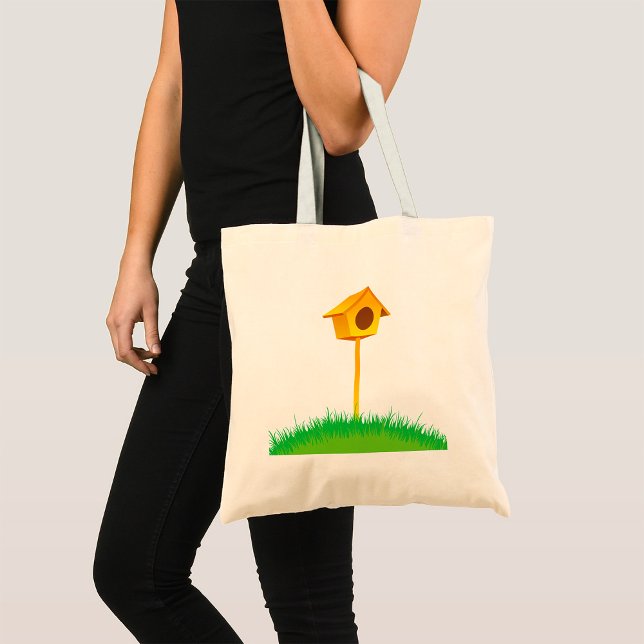Bright Yellow Birdhouse on Grass Tote Bag (Creator Uploaded)