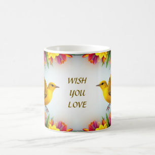 Bright Yellow Birds in a Vibrant Floral Frame Coffee Mug