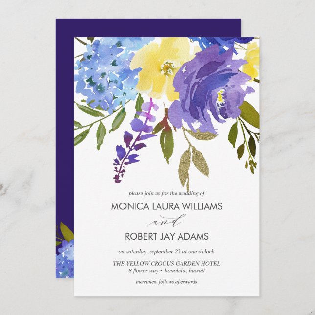 Bright yellow blue flowers invitation (Front/Back)