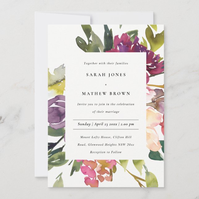 BRIGHT YELLOW BLUSH BURGUNDY FLORAL BUNCH WEDDING INVITATION (Front)