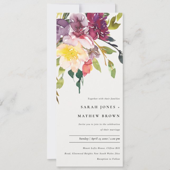 BRIGHT YELLOW BLUSH BURGUNDY FLORAL BUNCH WEDDING INVITATION (Front)