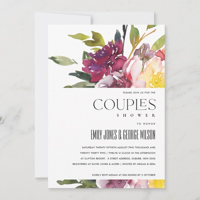 BRIGHT YELLOW BLUSH BURGUNDY FLORAL COUPLES SHOWER INVITATION (Front)