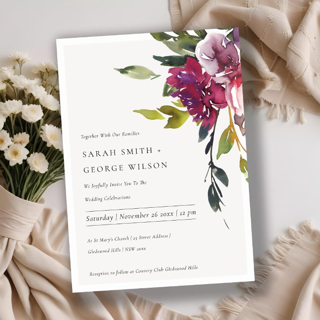 Bright Yellow Blush Burgundy Floral Wedding Invite (Creator Uploaded)