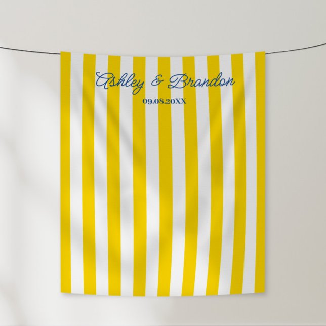 Bright Yellow Cabana Stripe Personalised Wedding Tapestry (Creator Uploaded)