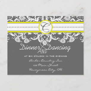 Bright Yellow Charcoal Grey Damask Reception Card
