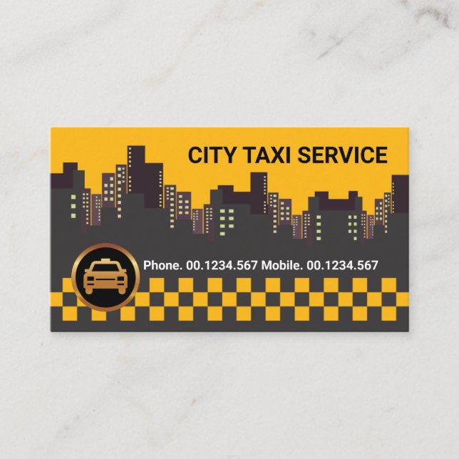 Bright Yellow City Skyline Landscape Taxi Driver Business Card (Front)