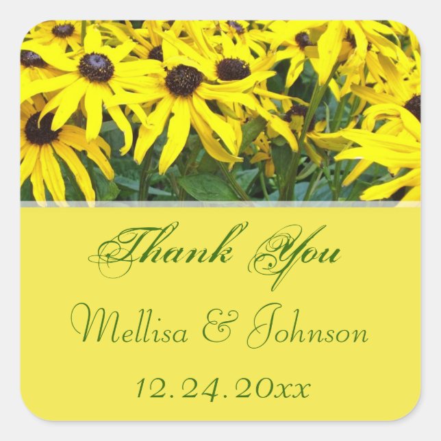 bright yellow daisy  thank you wedding favour square sticker (Front)