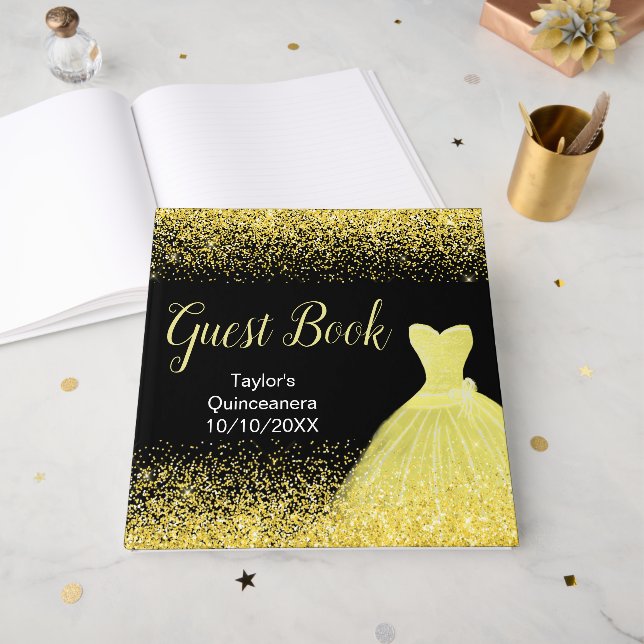 Bright Yellow Dress Faux Glitter Quinceanera Guest Book (Front Open)