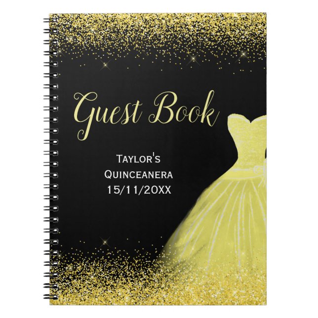 Bright Yellow Dress Faux Glitter Quinceanera Notebook (Front)