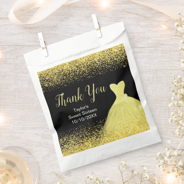 Bright Yellow Dress Faux Glitter Sweet 16 Birthday Favour Bags (Clipped)