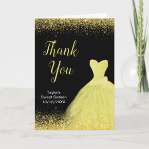 Bright Yellow Dress Faux Glitter Sweet 16 Birthday Thank You Card