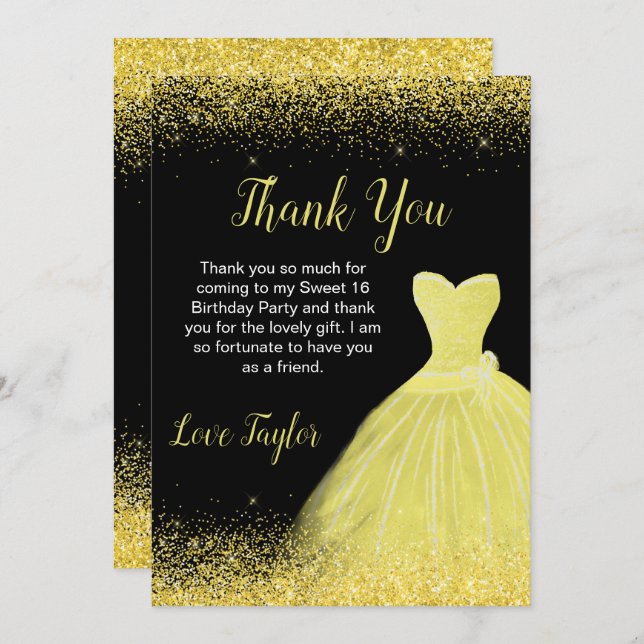 Bright Yellow Dress Faux Glitter Sweet 16 Birthday Thank You Card (Front/Back)