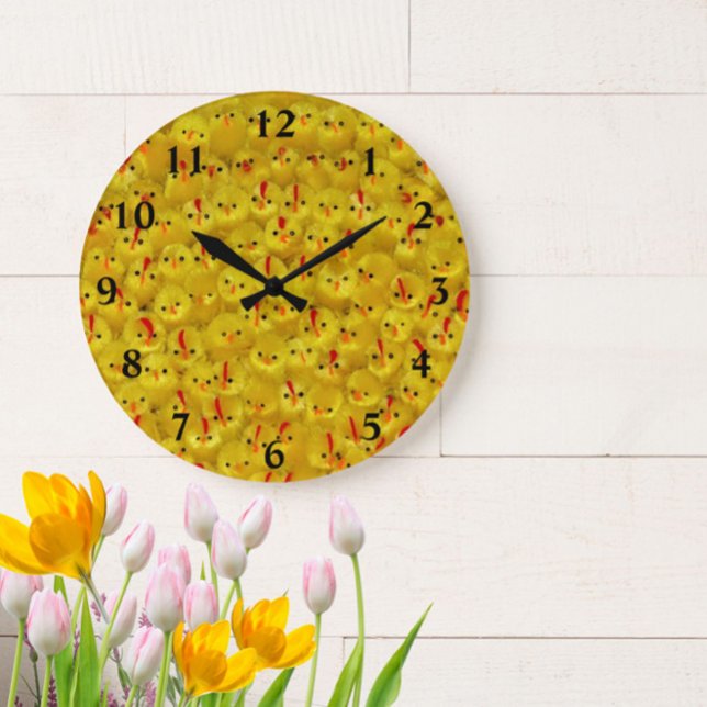 Bright Yellow Easter Chicks Modern Pattern Fun Large Clock (This fun, yellow chick pattern clock is a ray of sunshine for your walls! )