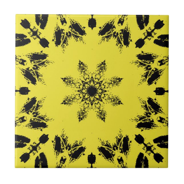 Bright yellow ebony black star flower geometric  tile (Front)