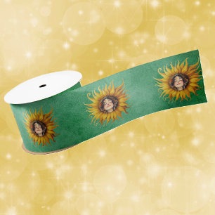 Bright Yellow Fancy Sunflowers Girls Face Green Satin Ribbon