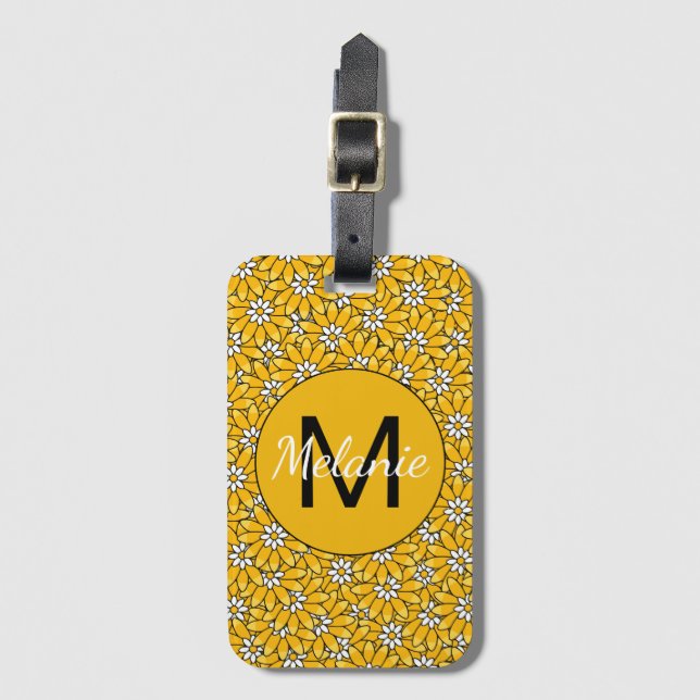 Bright Yellow Floral Pattern Personalised Luggage Tag (Front Vertical)