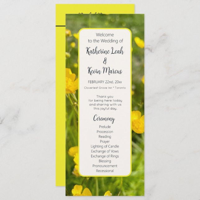 Bright Yellow Floral Wedding Flat Program Programme (Front/Back)