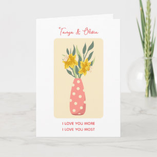 Bright yellow flower arrangement in polka dot vase card