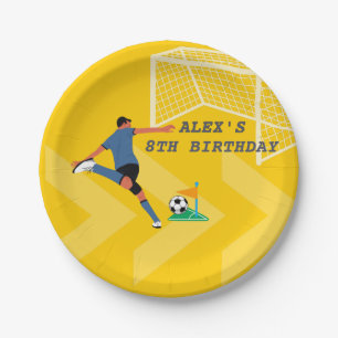 Bright Yellow Fun Soccer Player Goal Birthday Paper Plate