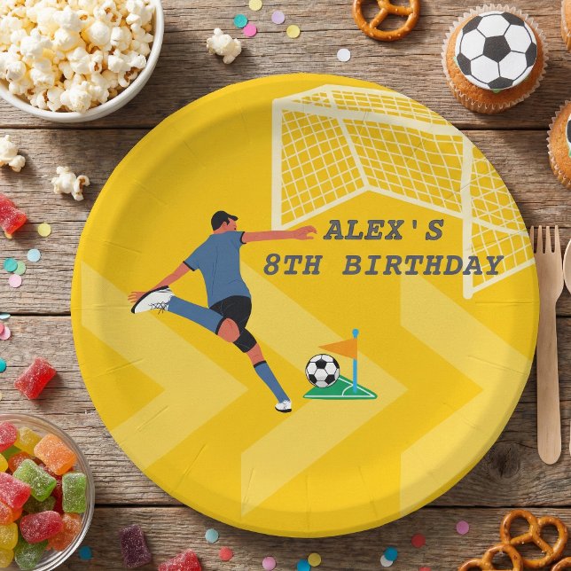 Bright Yellow Fun Soccer Player Goal Birthday Paper Plate (Creator Uploaded)