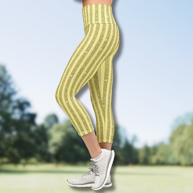 Bright Yellow Glitter Style Vertical Stripes Capri Leggings (Creator Uploaded)