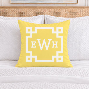 Bright Yellow Greek Key Monogram Initial Cushion