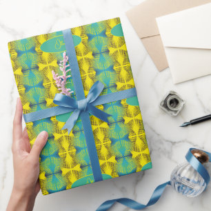 Bright Yellow Green Jungle Style Pattern Monogram Wrapping Paper