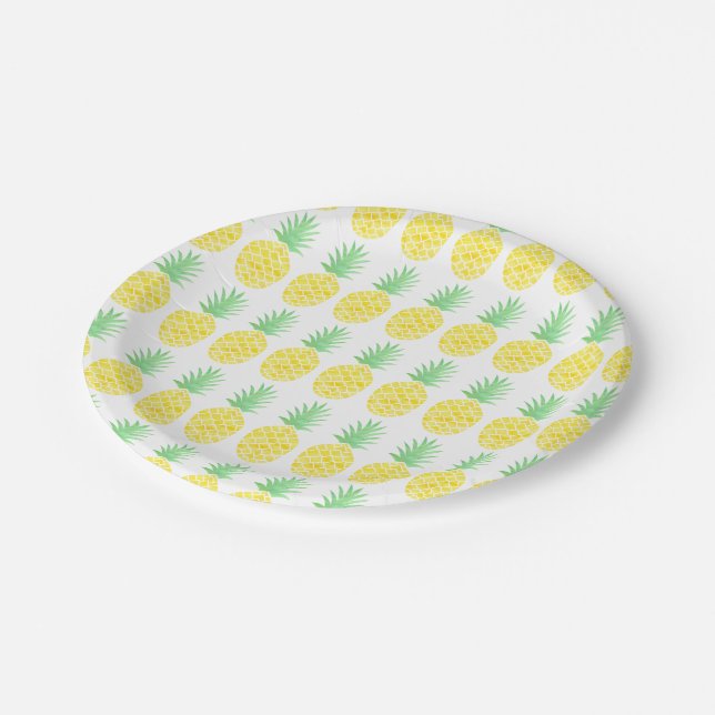 Bright Yellow & Green Watercolor Pineapple Pattern Paper Plate (Angled)