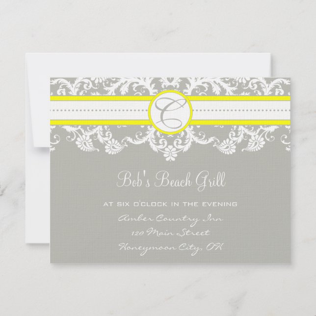 Bright Yellow &  Grey Damask Reception Cards (Back)