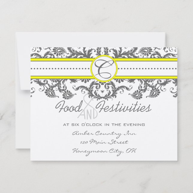 Bright Yellow &  Grey Damask Reception Cards (Back)