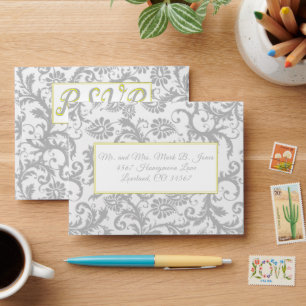 Bright Yellow & Grey Damask Wedding RSVP Envelopes