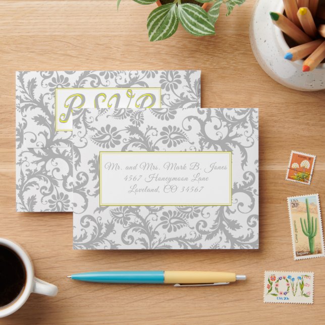 Bright Yellow & Grey Damask Wedding RSVP Envelopes (Desk)