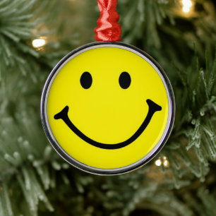 Bright Yellow Happy Smiling Face  Metal Tree Decoration