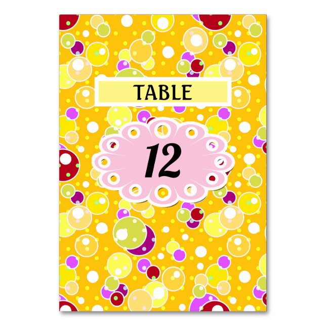 Bright yellow kids fun bubbles circles birthday cu table number (Front)