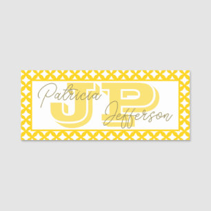 Bright Yellow Lattice Pattern Monogram Script Name Tag