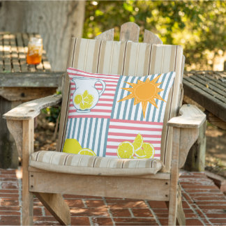 Bright yellow lemons, orange sun, summer pitchers  cushion