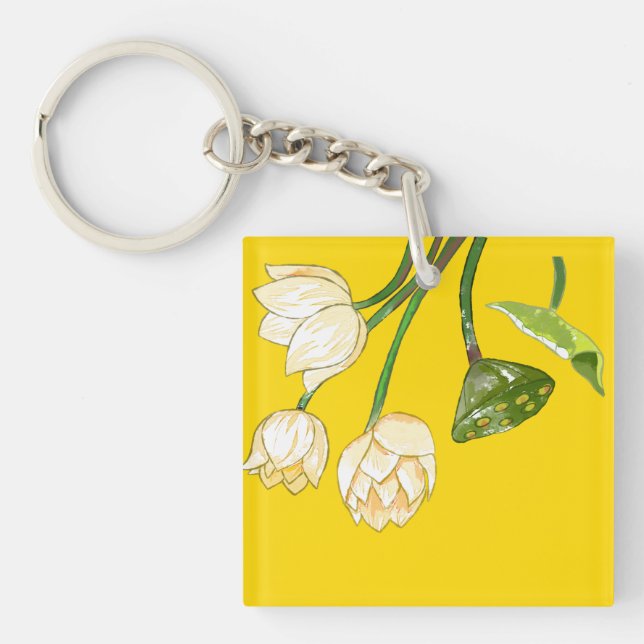 Bright Yellow Lotus Flowers & Lotus Seedpod Keycha Key Ring (Front)