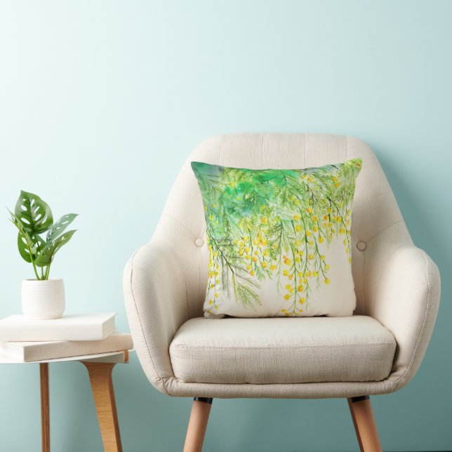 Bright Yellow Mimosa Watercolor Flower Painting Cushion (Chair)